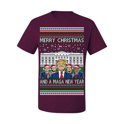 Merry Christmas and a MAGA New Year 2025, Trump Vance Administration 45 47 Make America Great Again USA Ugly Christmas Sweater Ugly Christmas Men's T-Shirt