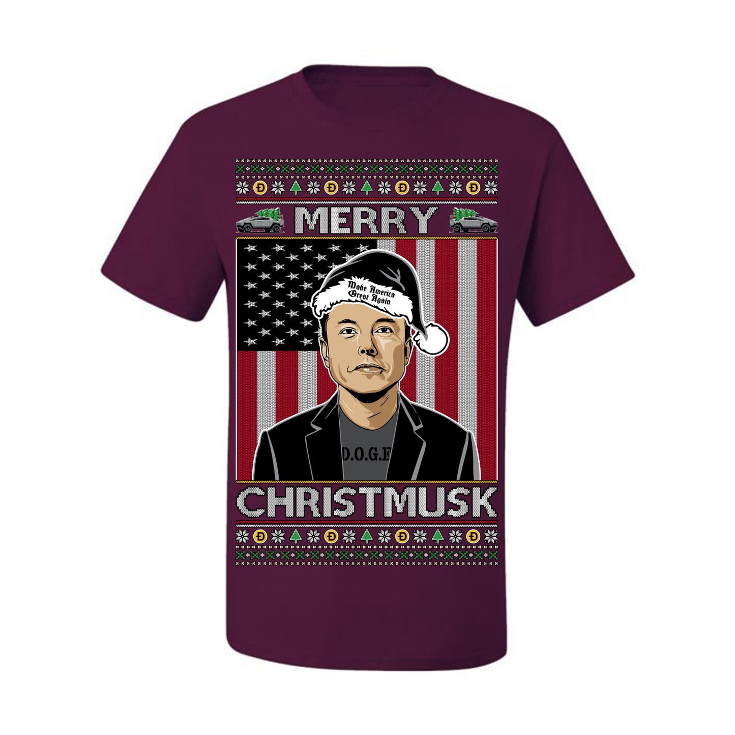 Merry Christmusk Funny Dark MAGA Santa Elon Doge Meme, Crypto Dogecoin America First USA Republican Ugly Christmas Sweater Ugly Christmas Men's T-Shirt