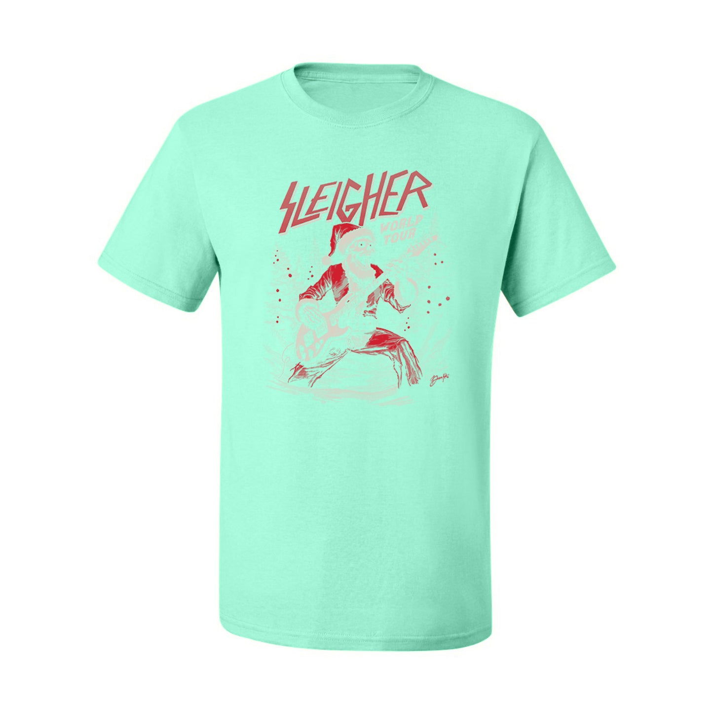 Sleigher World Tour | Funny Heavy Metal Electric Rock Guitar Skull Santa Claus Xmas North Pole Ugly Christmas Men's T-Shirt