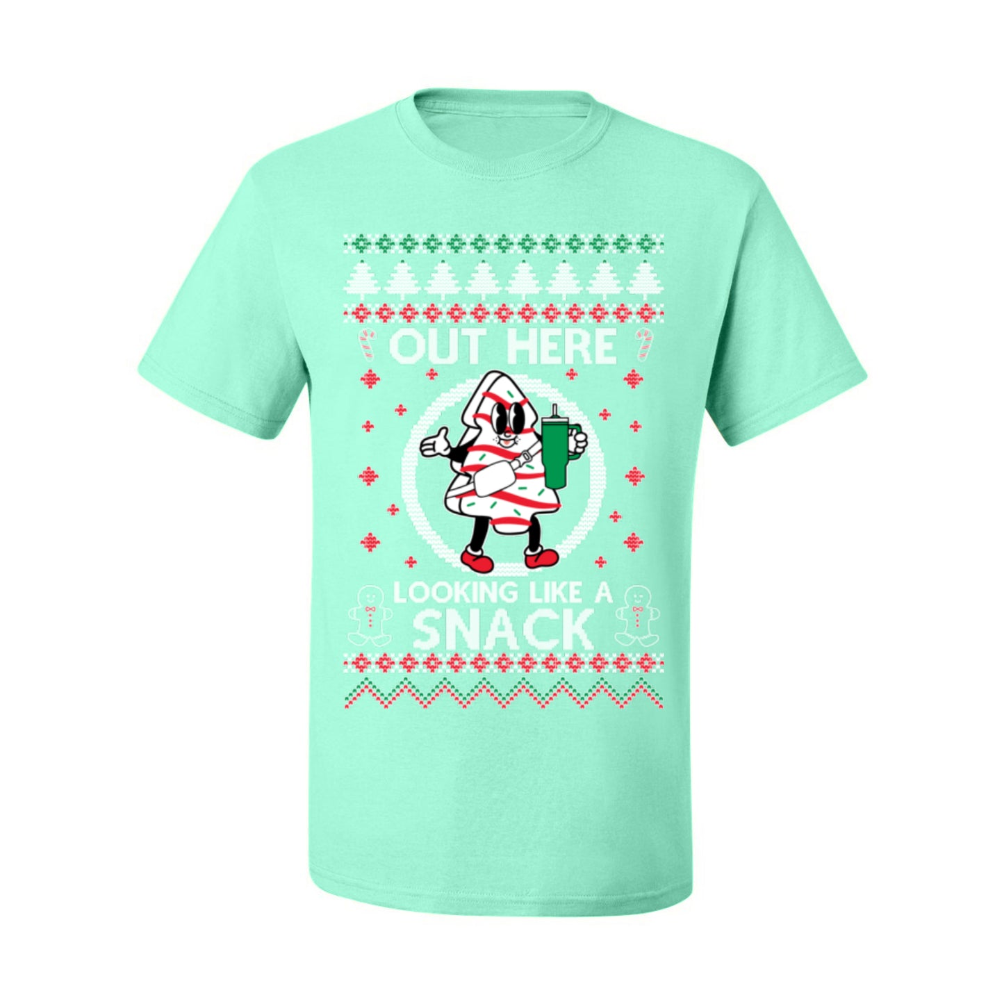Out Here Looking Like a Snack, Funny Cute Xmas Peppermint Tree Gingerbread Cookie Meme Ugly Christmas Men's T-Shirt