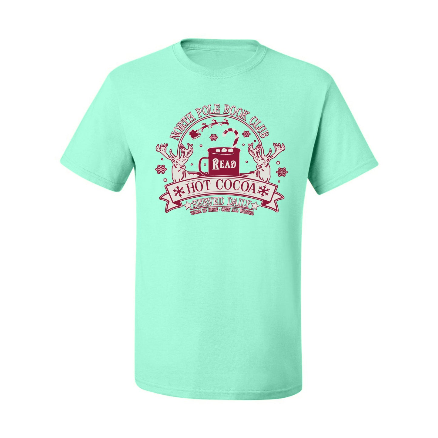 North Pole Book Club | Hot Cocoa Served Daily, Cute Funny Read Books Reading Snow Reindeer Winter Hot Chocolate Ugly Christmas Men's T-Shirt