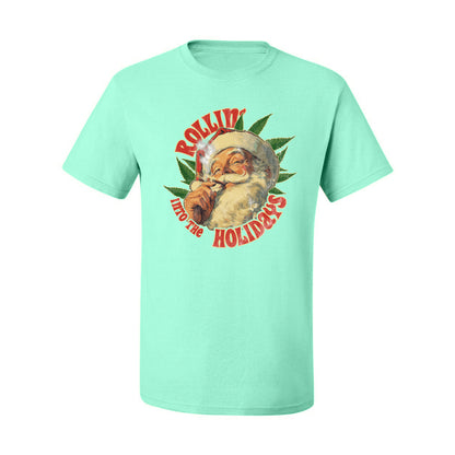 Rollin Into the Holidays | Funny Santa Claus Smoking Weed THC Marijuana Joint Fan  Ugly Christmas Men's T-Shirt