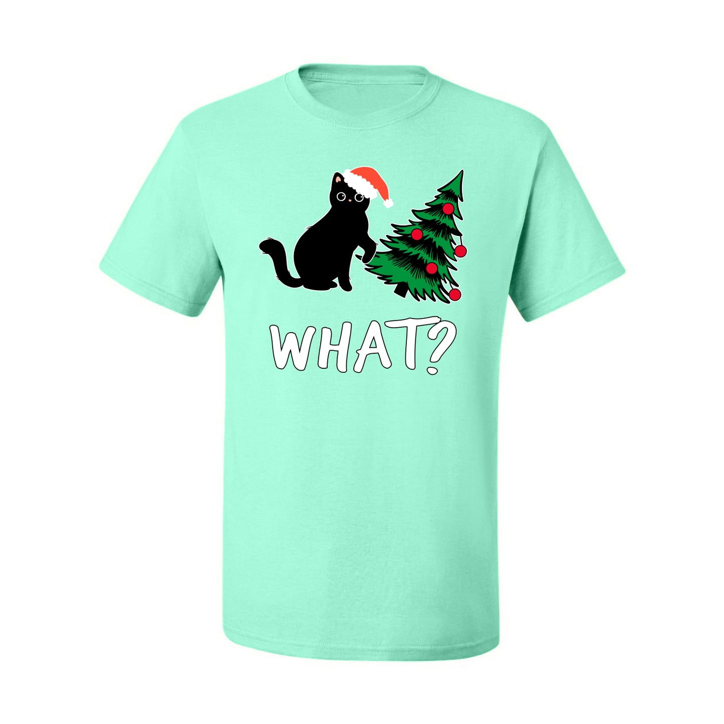 What? Funny Guilty Santa Cat Christmas Tree Mischief Pet Humor Ugly Christmas Men's T-Shirt
