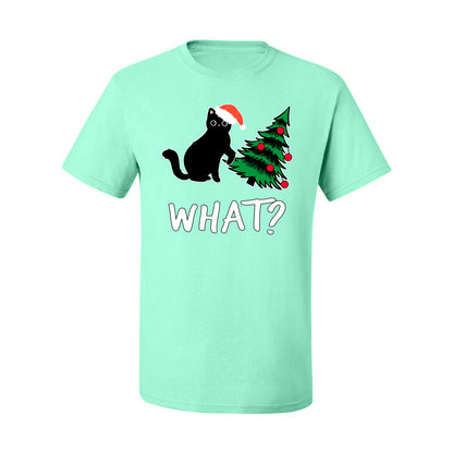 What? Funny Guilty Santa Cat Christmas Tree Mischief Pet Humor Ugly Christmas Men's T-Shirt