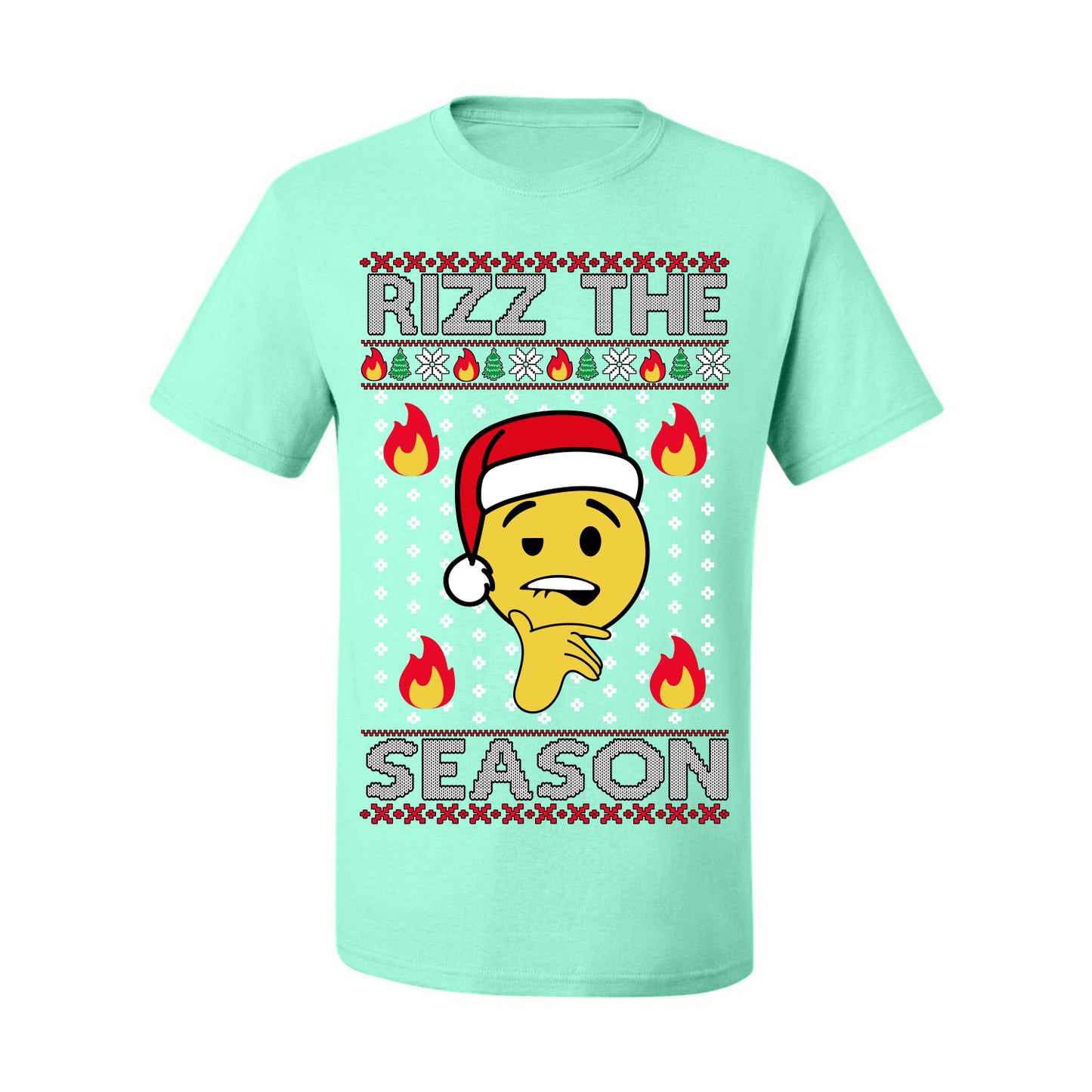 Rizz the Season, Viral Internet Fire Emoji Face Meme Romance Slang, Ugly Christmas Sweater Ugly Christmas Men's T-Shirt