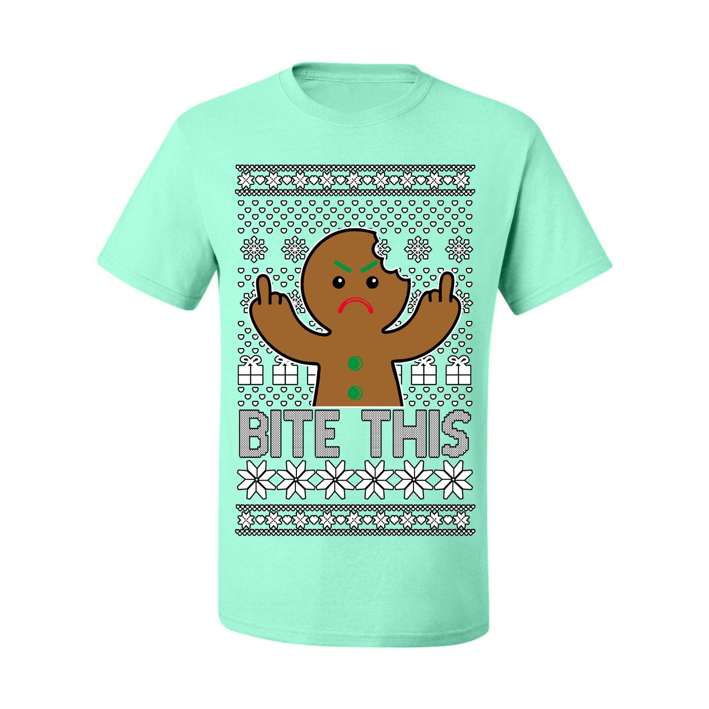 Bite This, Funny Gingerbread Cookie Offensive Inappropriate Middle Finger, F U Ginger Bread Dirty Novelty Xmas Ugly Christmas Sweater Ugly Christmas Men's T-Shirt