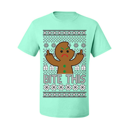 Bite This, Funny Gingerbread Cookie Offensive Inappropriate Middle Finger, F U Ginger Bread Dirty Novelty Xmas Ugly Christmas Sweater Ugly Christmas Men's T-Shirt