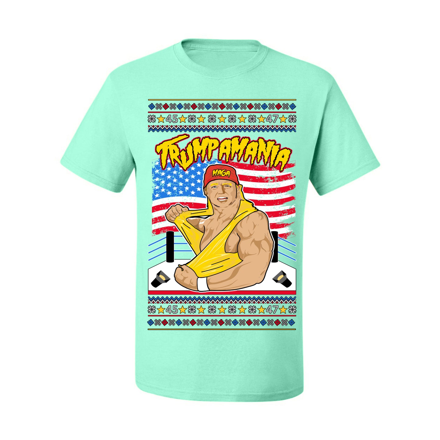 Trumpamania Funny Hogan 80s USA Wrestling Sports Parody, Donald Trump Vance 2024 Wrestler MAGA Make America Great Again, Ugly Christmas Sweater Ugly Christmas Men's T-Shirt