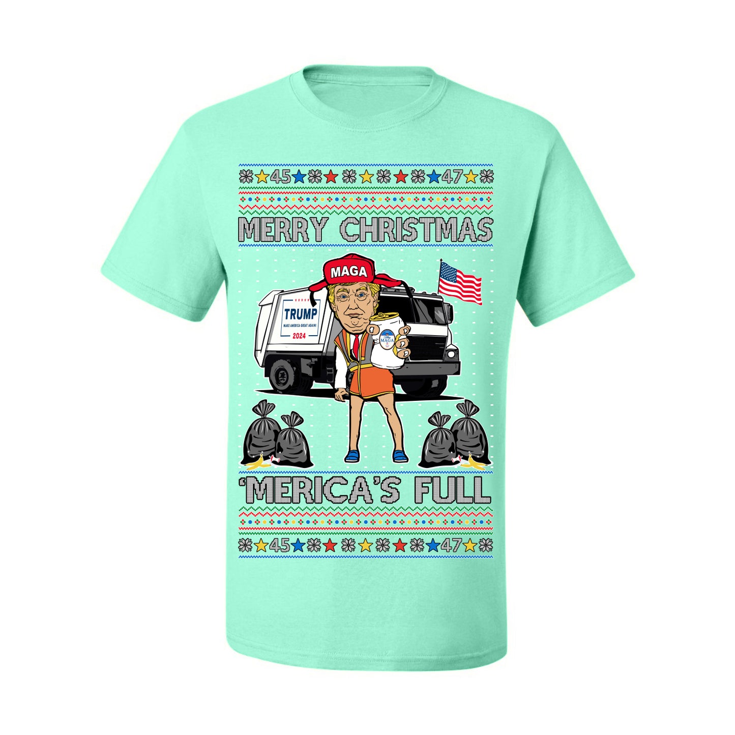 Donald Trump Merry Christmas Merica's Full, Cousin Eddie Christmas Vacation Garbage for Trump Funny Viral Meme, Ugly Christmas Sweater Ugly Christmas Men's T-Shirt