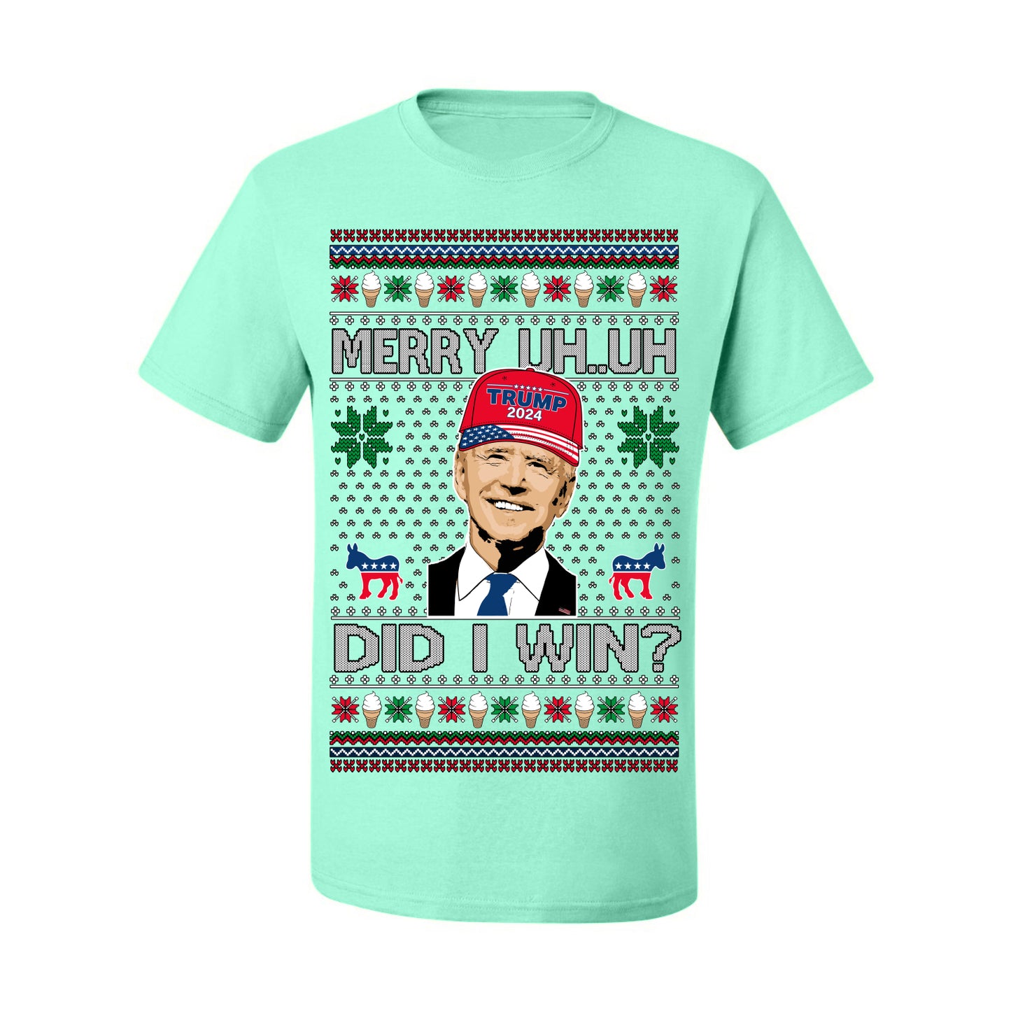 Merry Uh Did I Win? Funny Confused Joe Biden, Liberal Democrats Election 2024 Ugly Christmas Sweater Ugly Christmas Men's T-Shirt