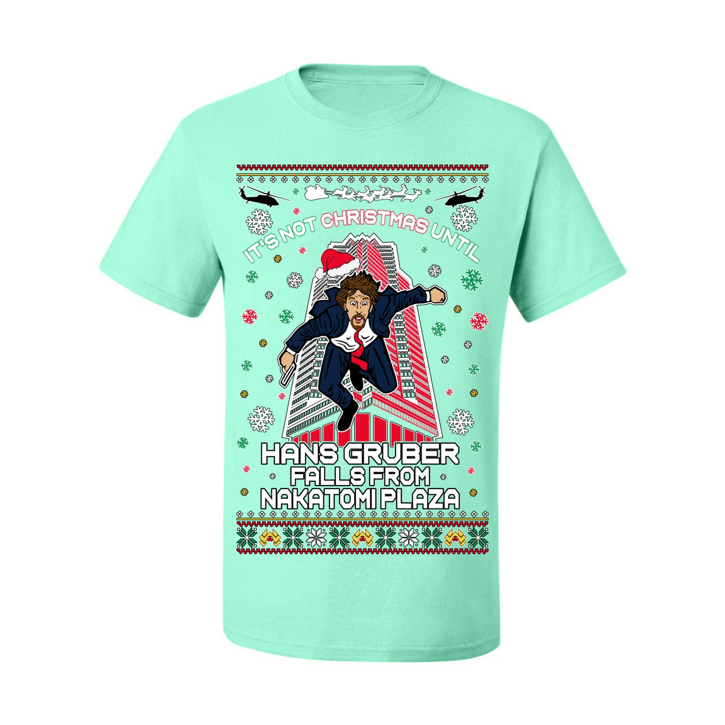 It's Not Christmas Until Hans Gruber Falls From Nakatomi Plaza, Color Design Skyscraper LA Falling Iconic 80s Xmas Movie Ugly Christmas Sweater Ugly Christmas Men's T-Shirt