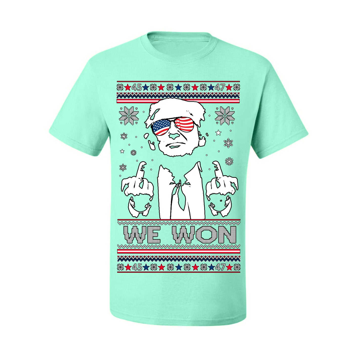 We Won Funny 45 47 President Trump Shot USA Glasses, 47th USA President of the United States, Gift for Republicans Conservatives Ugly Christmas Sweater Ugly Christmas Men's T-Shirt