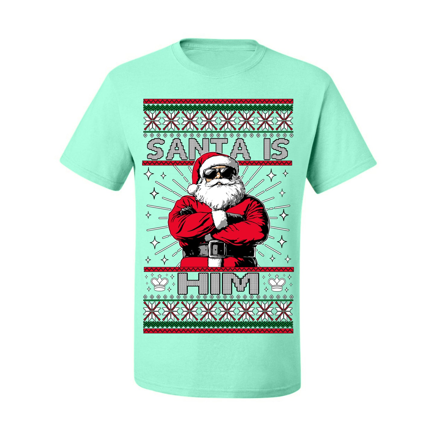 Santa Is Him Funny Gen Z Viral Meme Shades, Religious Christ Christian Christianity Brain Rot Joke Slang Ugly Christmas Sweater Ugly Christmas Men's T-Shirt