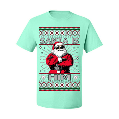 Santa Is Him Funny Gen Z Viral Meme Shades, Religious Christ Christian Christianity Brain Rot Joke Slang Ugly Christmas Sweater Ugly Christmas Men's T-Shirt
