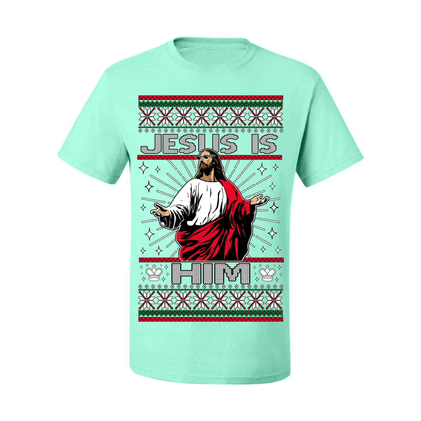 Jesus Is Him Funny Gen Z Viral Meme Shades, Religious Christ Christian Christianity Brain Rot Joke Slang Ugly Christmas Sweater Ugly Christmas Men's T-Shirt