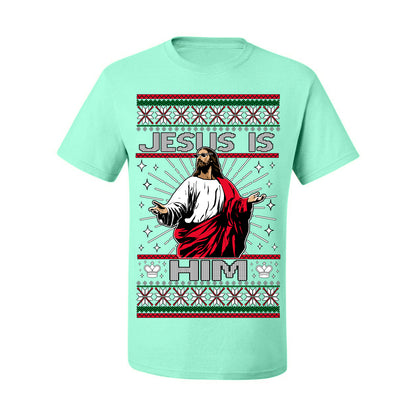 Jesus Is Him Funny Gen Z Viral Meme Shades, Religious Christ Christian Christianity Brain Rot Joke Slang Ugly Christmas Sweater Ugly Christmas Men's T-Shirt