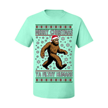 Merry Christmas Ya Filthy Humans Funny Sasquatch, UFO Conspiracy Theory Y2K Big Foot Supernatural Theorist Bigfoot Ugly Christmas Sweater Ugly Christmas Men's T-Shirt