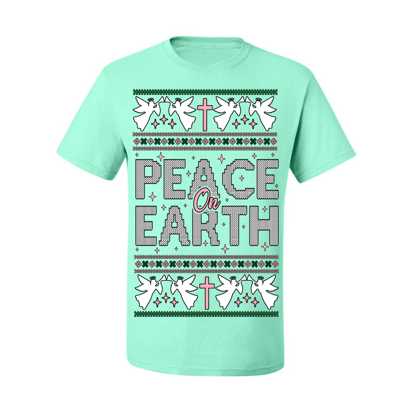 Peace On Earth Funny Xmas Cute Pink Angel Cross, Women Men Religious Christian Catholic Ugly Christmas Sweater Ugly Christmas Men's T-Shirt