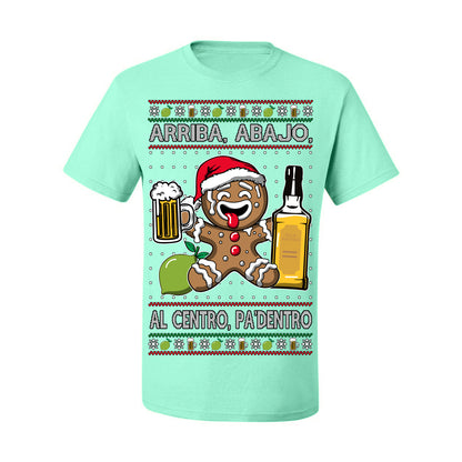 Arriba Abajo Al Centro Pa'Dentro Cheers to Health, Drinking Beer Cerveza Funny Gingerbread Xmas Cookie Ropa en Espanol Salud Ugly Christmas Sweater Ugly Christmas Men's T-Shirt