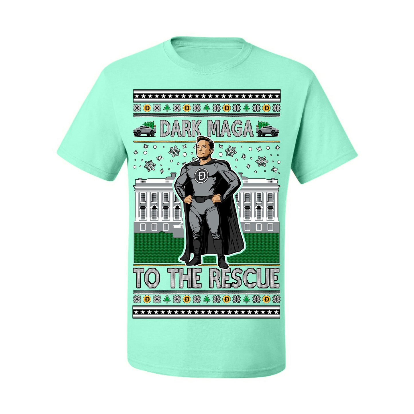 Dark MAGA to the Rescue, Elon Superhero Doge Crypto Dogecoin Make America Great Again Trump 2024 Ugly Christmas Sweater Ugly Christmas Men's T-Shirt