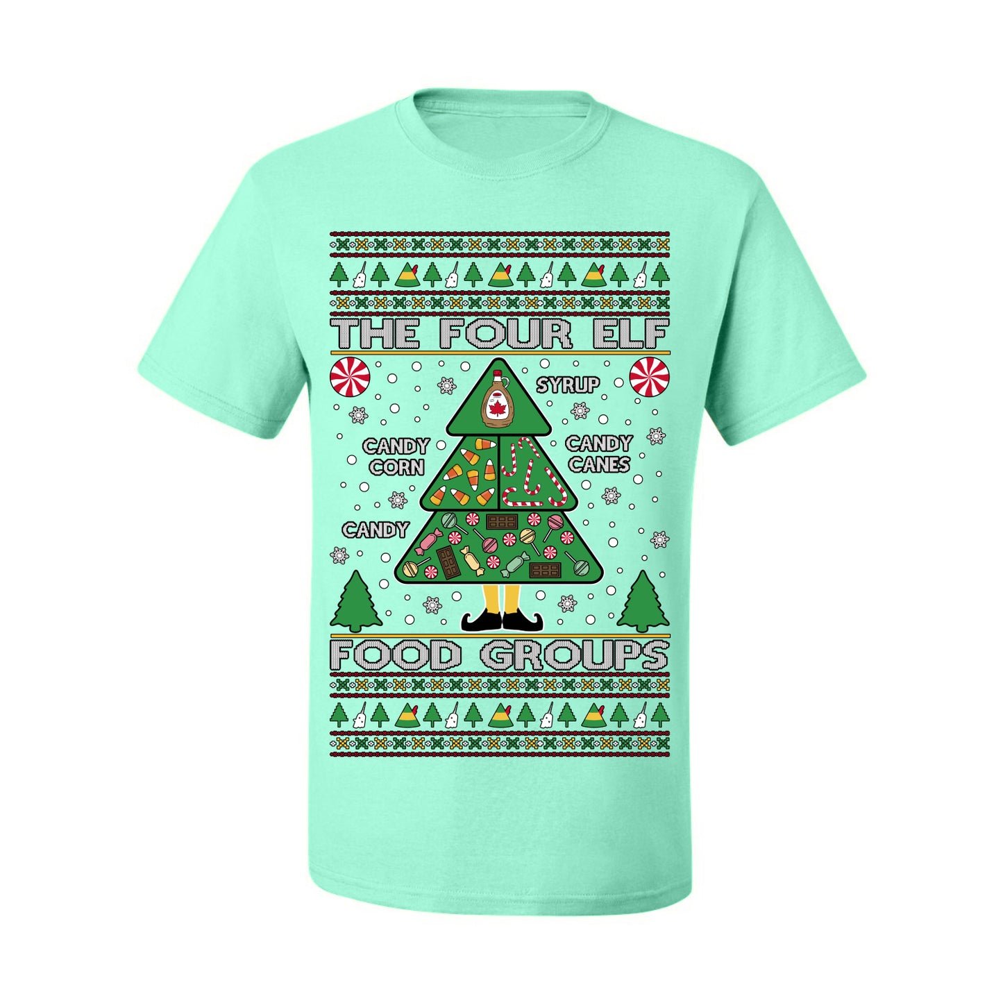 The Four Elf Food Groups, Peppermint Chocolate Candy Canes Syrup, Funny Ugly Christmas Sweater Ugly Christmas Men's T-Shirt