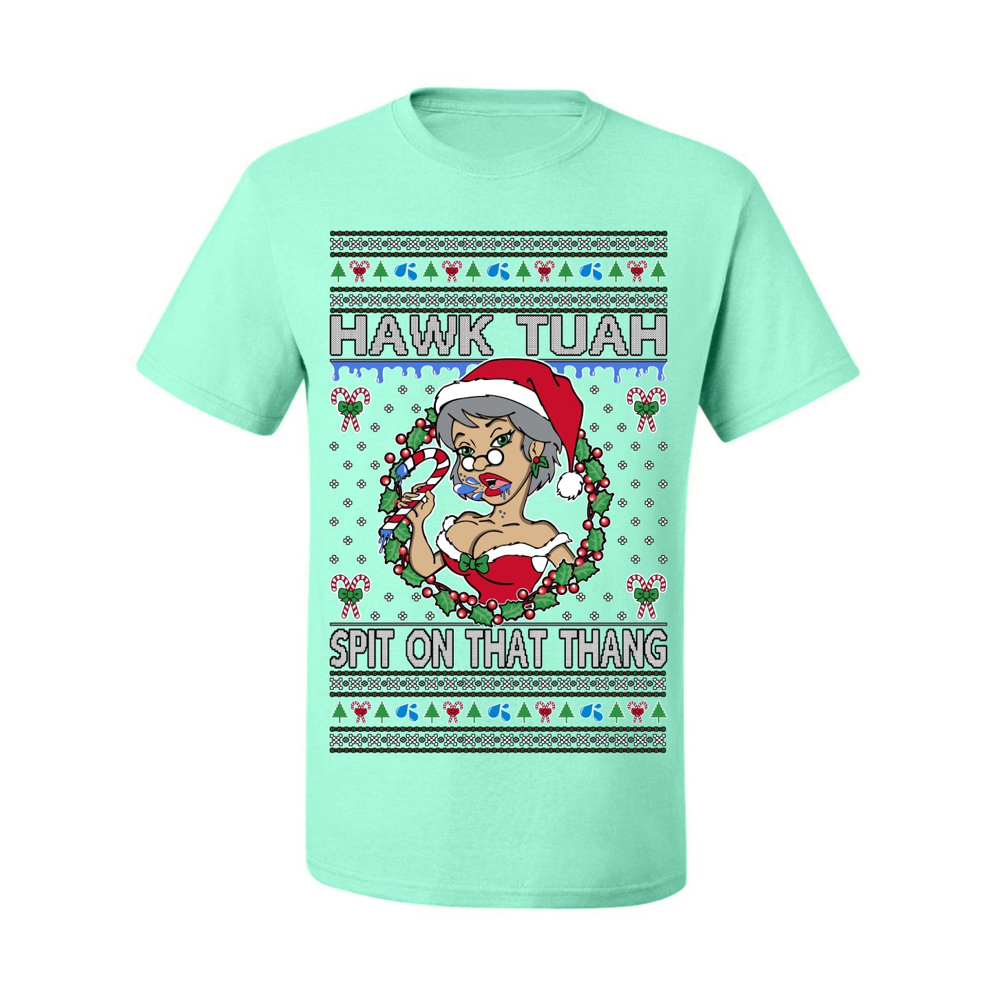 Hawk Tuah Spit On That Thang, Viral Hilarious Candy Cane Mrs Claus Funny Naughty Suck Meme, Ugly Christmas Sweater Ugly Christmas Men's T-Shirt