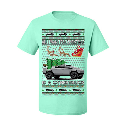 All I Want for Christmas is a Cybertruck, Funny Tech Cyber Truck Elon Musk Santa Claus Reindeer, Meme Ugly Christmas Sweater Ugly Christmas Men's T-Shirt