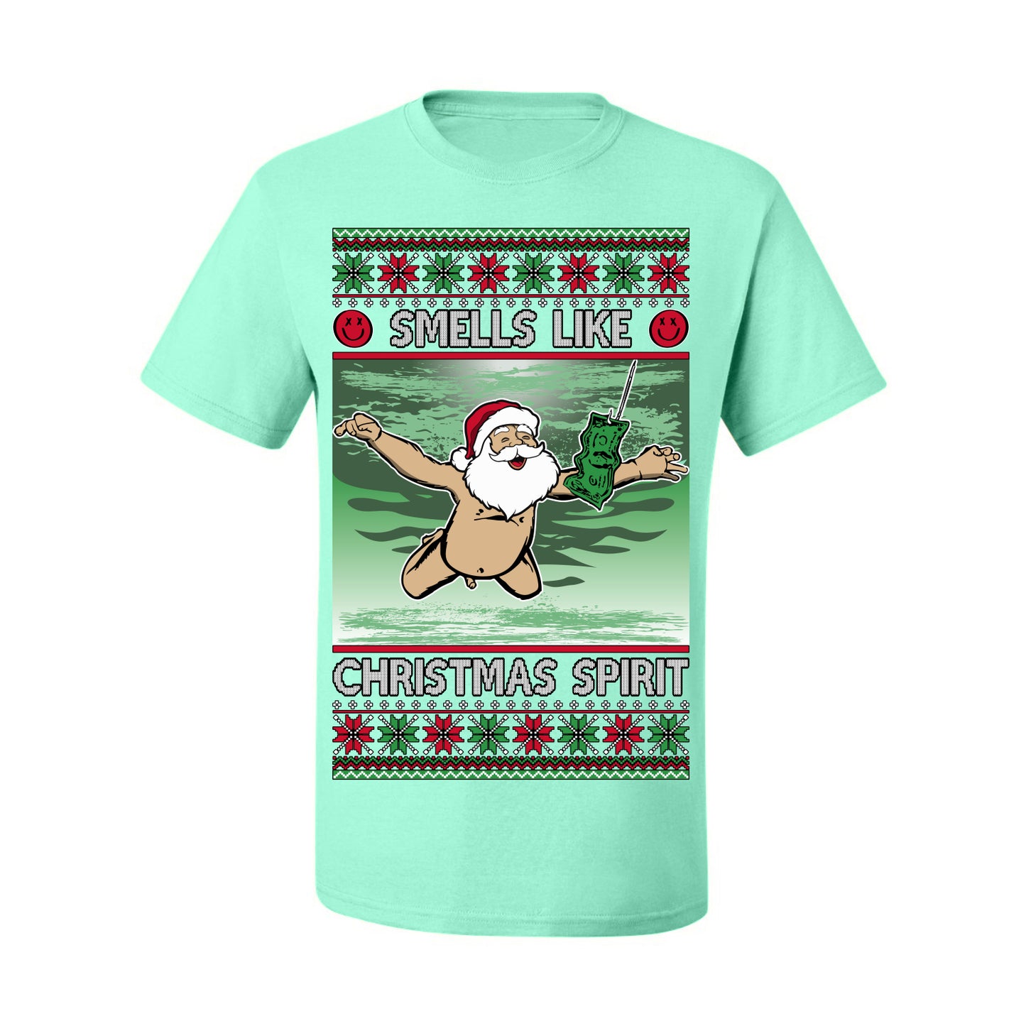 Smells Like Christmas Spirit, Funny Santa Claus Classic 90s Alternative Rock Album Cover Music Parody Ugly Christmas Sweater Ugly Christmas Men's T-Shirt