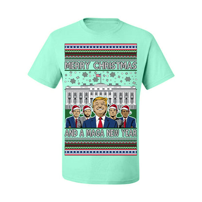 Merry Christmas and a MAGA New Year 2025, Trump Vance Administration 45 47 Make America Great Again USA Ugly Christmas Sweater Ugly Christmas Men's T-Shirt