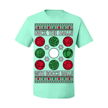 Deck the Halls with Bocce Balls, Funny Classic Italy Italian Sports Ugly Christmas Sweater Ugly Christmas Men's T-Shirt
