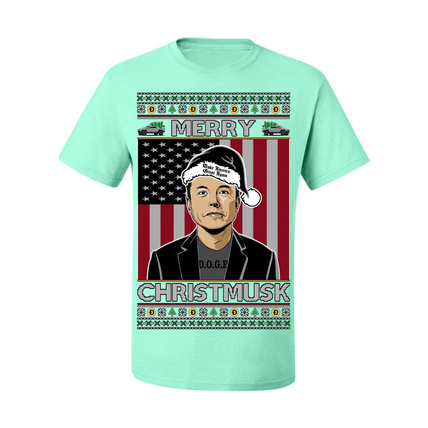 Merry Christmusk Funny Dark MAGA Santa Elon Doge Meme, Crypto Dogecoin America First USA Republican Ugly Christmas Sweater Ugly Christmas Men's T-Shirt