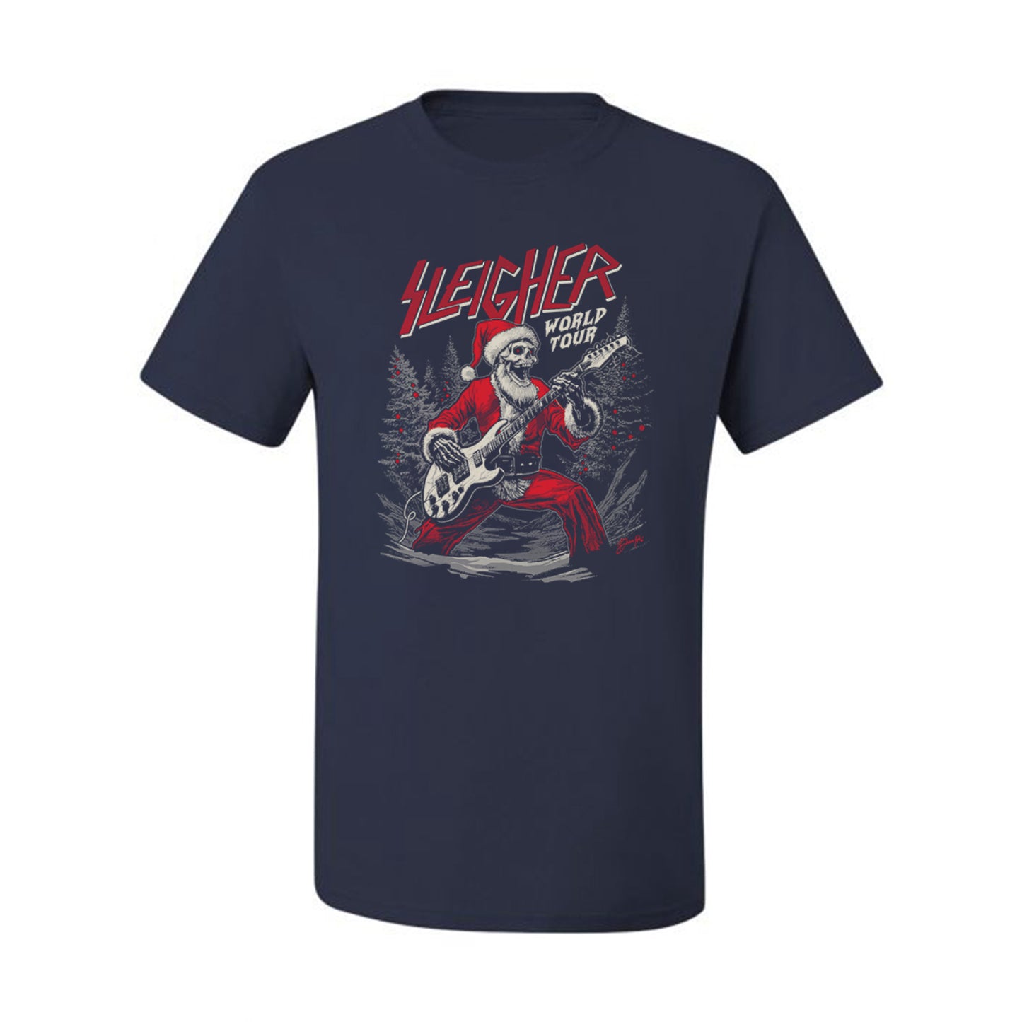 Sleigher World Tour | Funny Heavy Metal Electric Rock Guitar Skull Santa Claus Xmas North Pole Ugly Christmas Men's T-Shirt