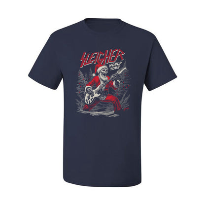 Sleigher World Tour | Funny Heavy Metal Electric Rock Guitar Skull Santa Claus Xmas North Pole Ugly Christmas Men's T-Shirt