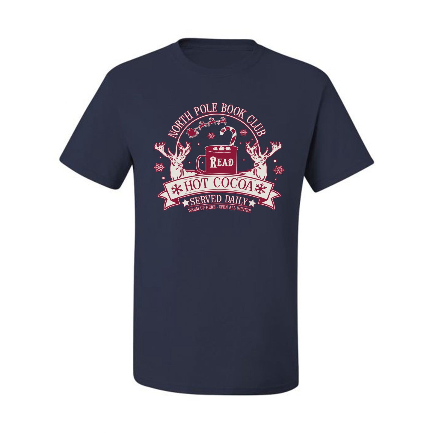 North Pole Book Club | Hot Cocoa Served Daily, Cute Funny Read Books Reading Snow Reindeer Winter Hot Chocolate Ugly Christmas Men's T-Shirt