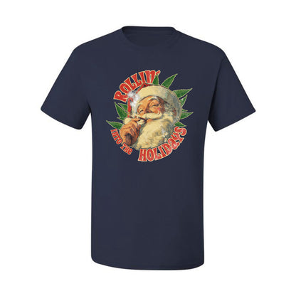 Rollin Into the Holidays | Funny Santa Claus Smoking Weed THC Marijuana Joint Fan  Ugly Christmas Men's T-Shirt