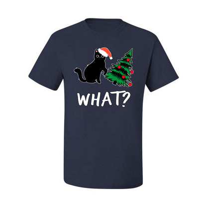 What? Funny Guilty Santa Cat Christmas Tree Mischief Pet Humor Ugly Christmas Men's T-Shirt