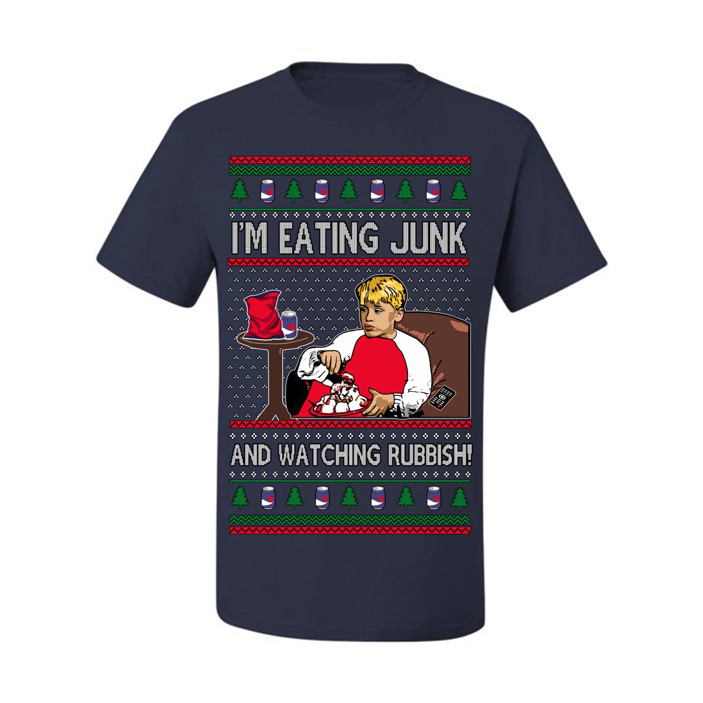I'm Eating Junk and Watching Rubbish, Classic 90s Xmas Kevin Movie Ice Cream Soda Alone Movies, Ugly Christmas Sweater Ugly Christmas Men's T-Shirt