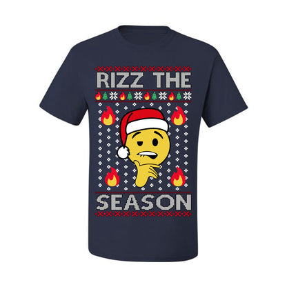 Rizz the Season, Viral Internet Fire Emoji Face Meme Romance Slang, Ugly Christmas Sweater Ugly Christmas Men's T-Shirt
