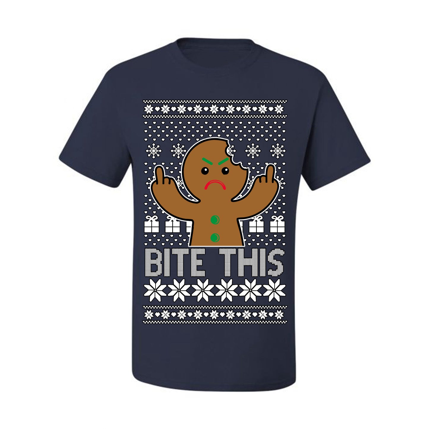 Bite This, Funny Gingerbread Cookie Offensive Inappropriate Middle Finger, F U Ginger Bread Dirty Novelty Xmas Ugly Christmas Sweater Ugly Christmas Men's T-Shirt