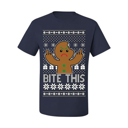 Bite This, Funny Gingerbread Cookie Offensive Inappropriate Middle Finger, F U Ginger Bread Dirty Novelty Xmas Ugly Christmas Sweater Ugly Christmas Men's T-Shirt