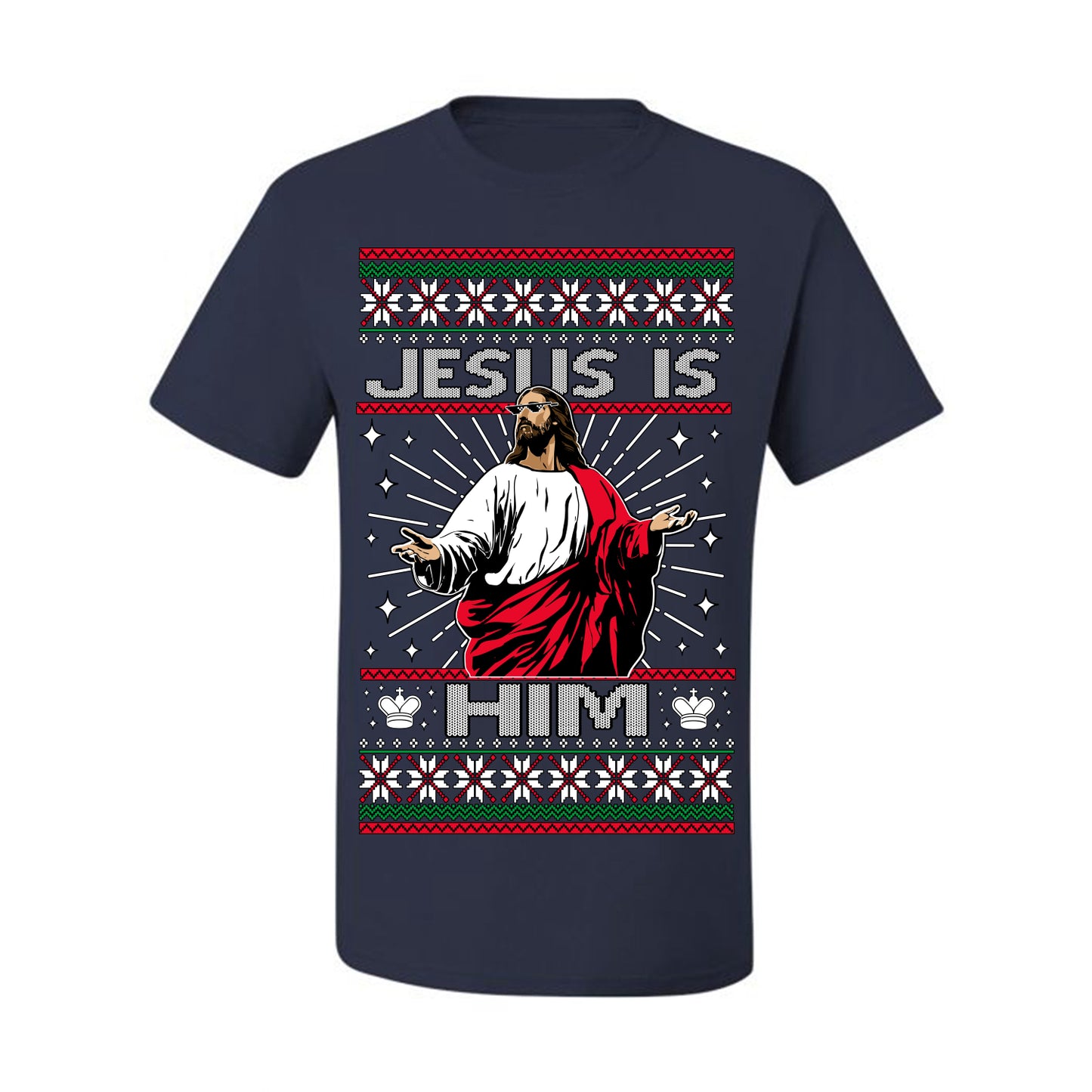Jesus Is Him Funny Gen Z Viral Meme Shades, Religious Christ Christian Christianity Brain Rot Joke Slang Ugly Christmas Sweater Ugly Christmas Men's T-Shirt
