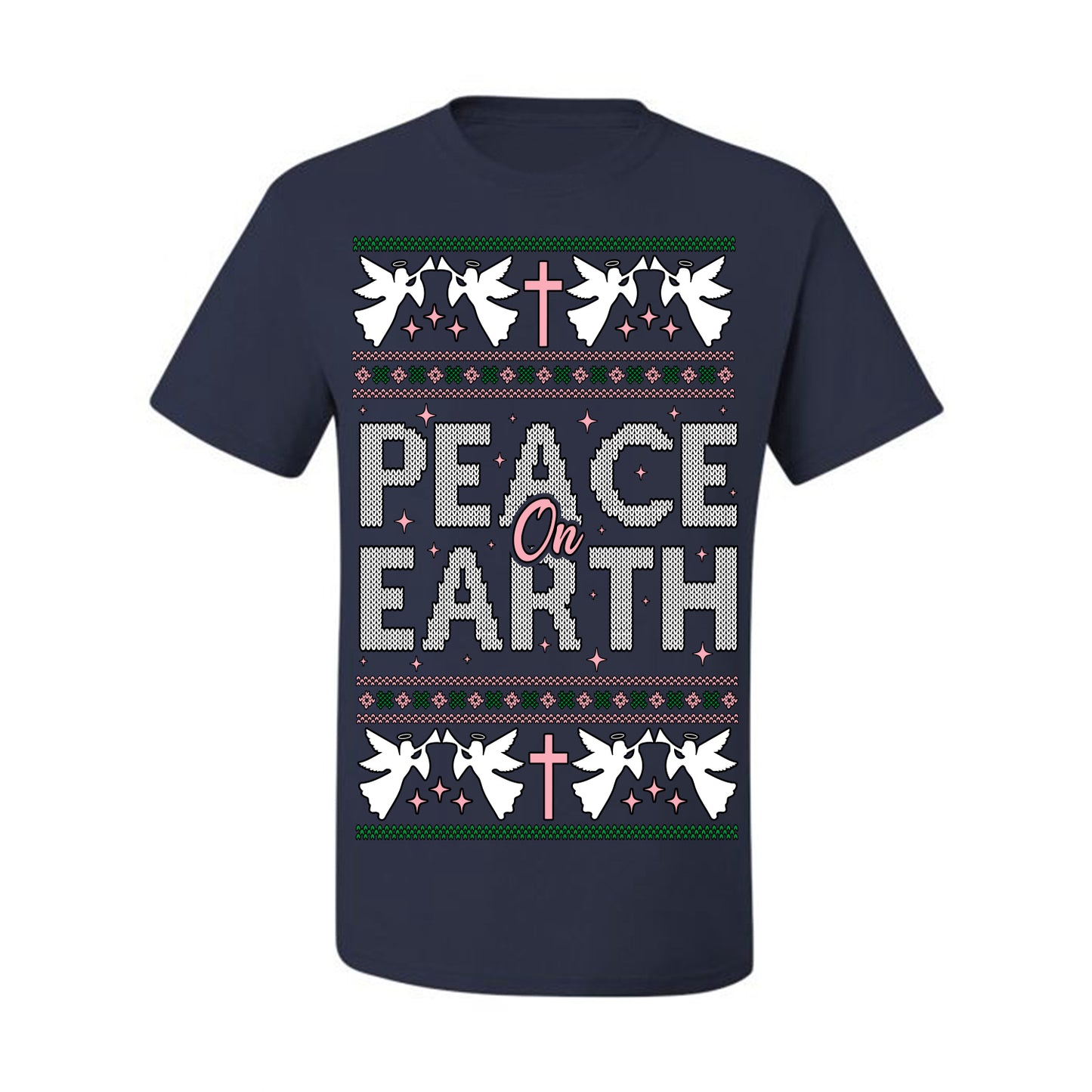 Peace On Earth Funny Xmas Cute Pink Angel Cross, Women Men Religious Christian Catholic Ugly Christmas Sweater Ugly Christmas Men's T-Shirt