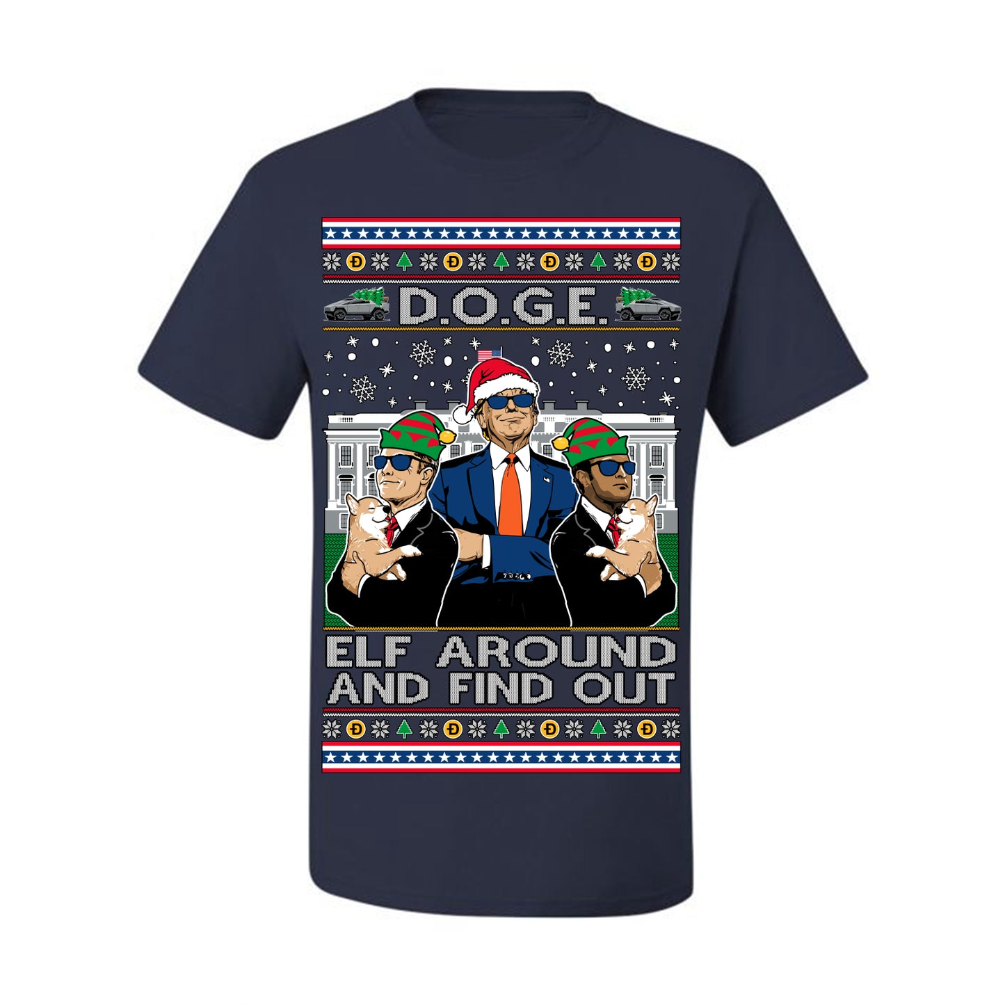Doge Elf Around and Find Out Trump Elon Vivek, Department of Govenmental Efficiency D.O.G.E. Republicans MAGA Ugly Christmas Sweater Ugly Christmas Men's T-Shirt