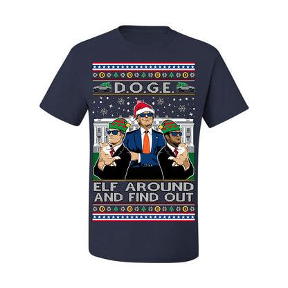 Doge Elf Around and Find Out Trump Elon Vivek, Department of Govenmental Efficiency D.O.G.E. Republicans MAGA Ugly Christmas Sweater Ugly Christmas Men's T-Shirt