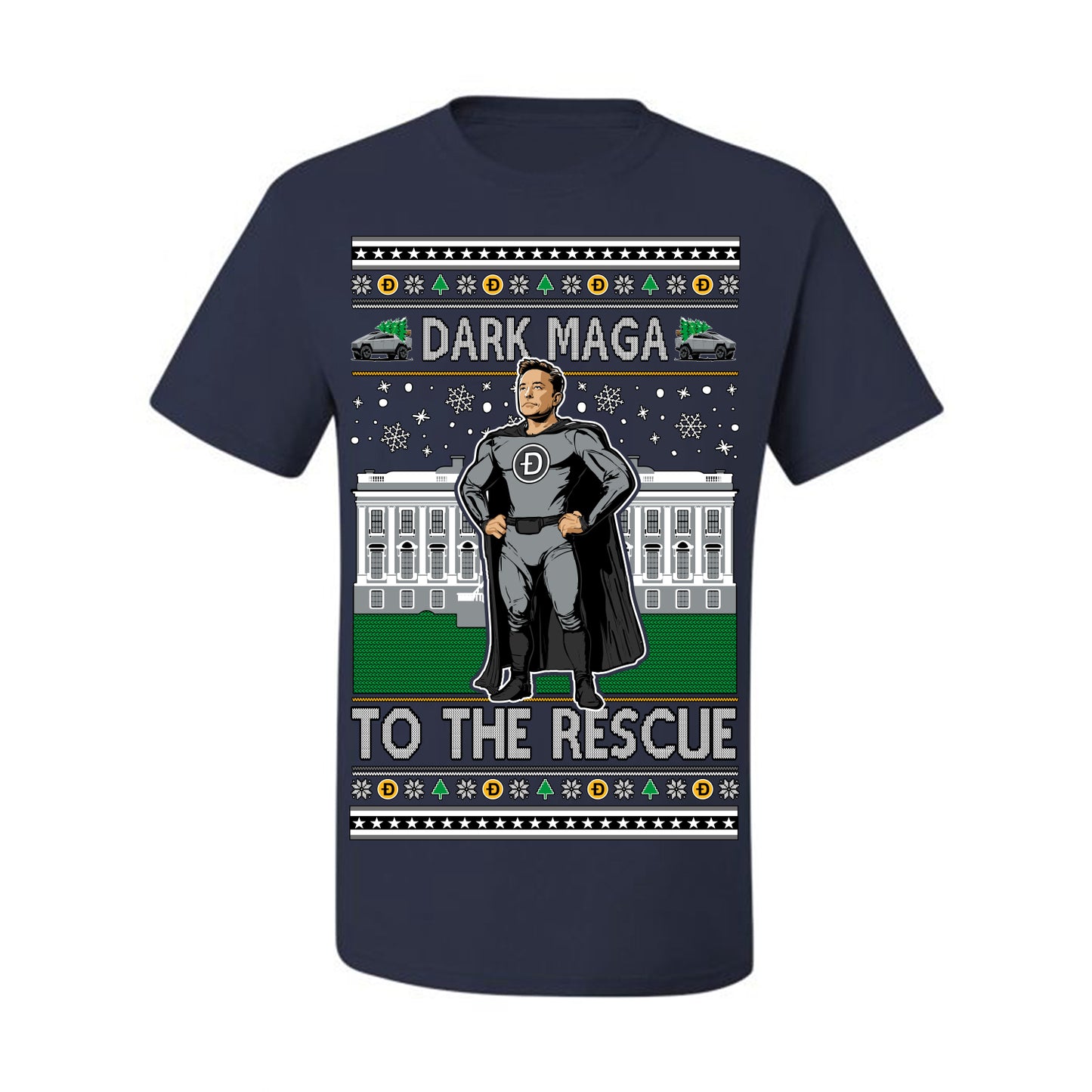 Dark MAGA to the Rescue, Elon Superhero Doge Crypto Dogecoin Make America Great Again Trump 2024 Ugly Christmas Sweater Ugly Christmas Men's T-Shirt