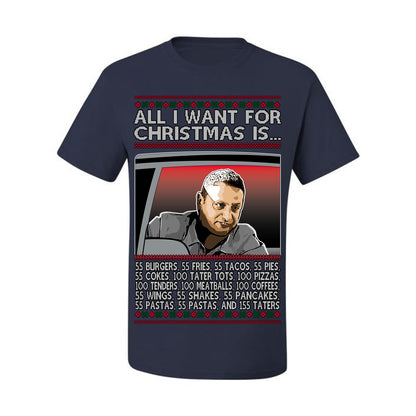 All I Want for Christmas Is 55 Burgers 55 Fries 55 Tacos 55 Pies, Funny Viral I Think Tim TV Show Gen Z Alpha Brainrot Meme Ugly Christmas Sweater Ugly Christmas Men's T-Shirt