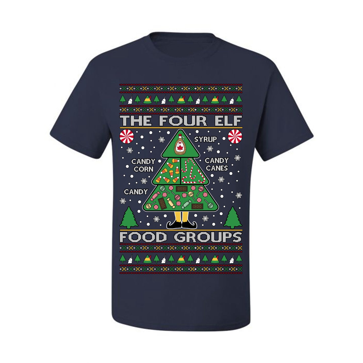 The Four Elf Food Groups, Peppermint Chocolate Candy Canes Syrup, Funny Ugly Christmas Sweater Ugly Christmas Men's T-Shirt