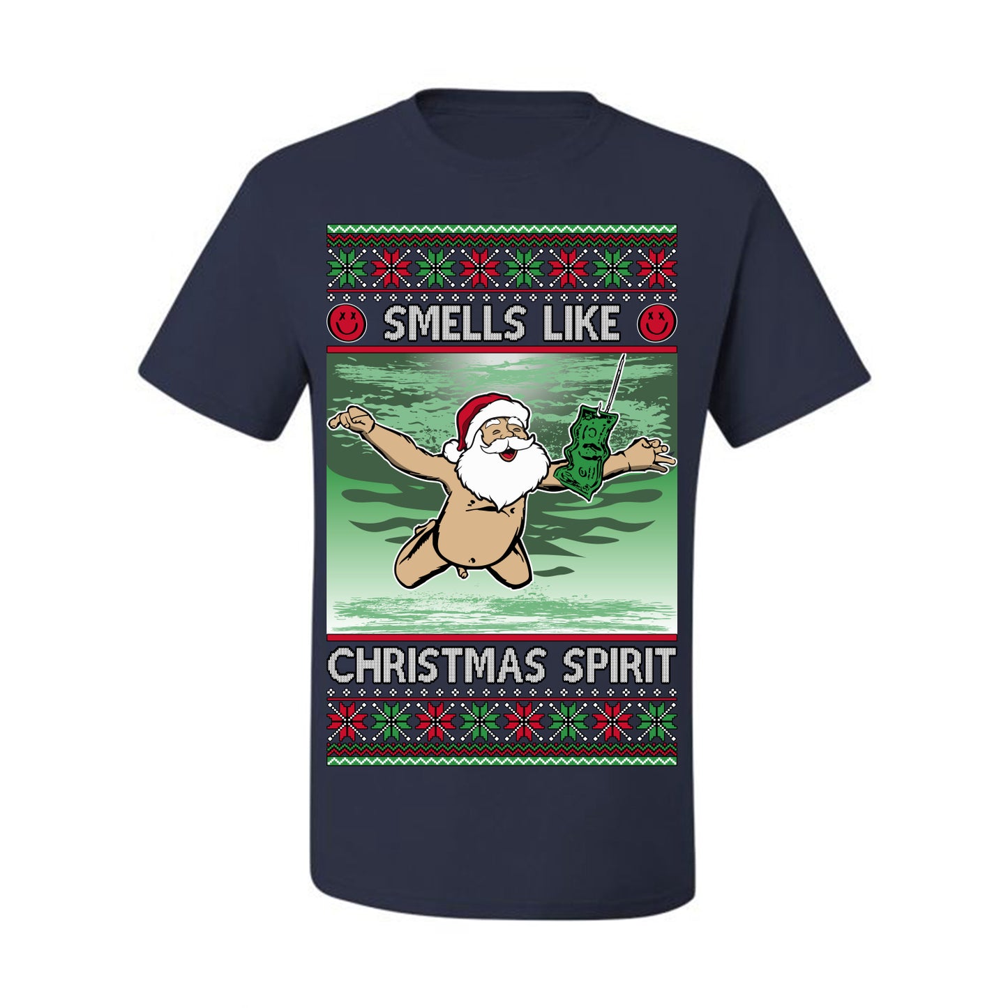 Smells Like Christmas Spirit, Funny Santa Claus Classic 90s Alternative Rock Album Cover Music Parody Ugly Christmas Sweater Ugly Christmas Men's T-Shirt
