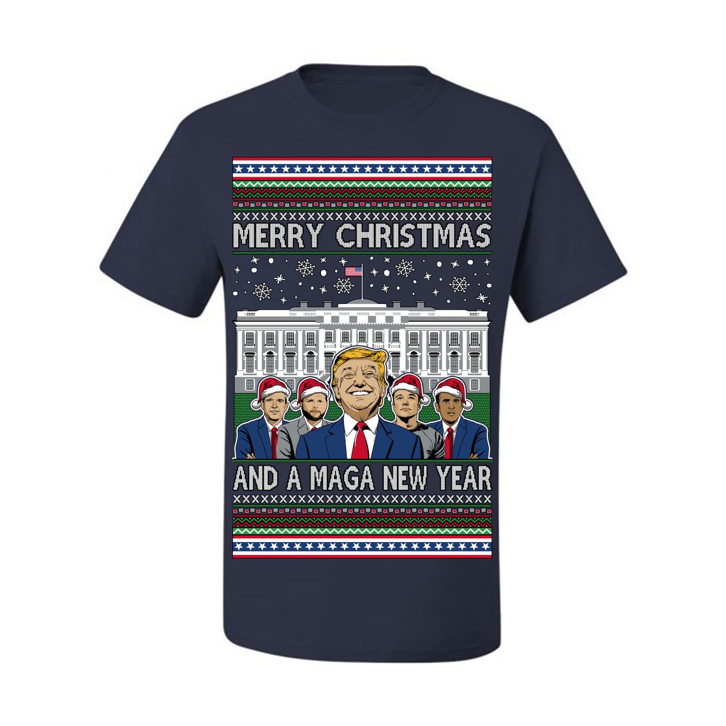 Merry Christmas and a MAGA New Year 2025, Trump Vance Administration 45 47 Make America Great Again USA Ugly Christmas Sweater Ugly Christmas Men's T-Shirt