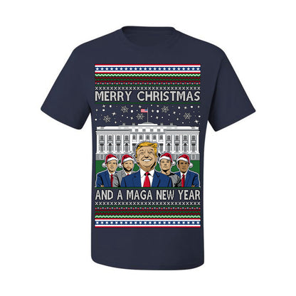 Merry Christmas and a MAGA New Year 2025, Trump Vance Administration 45 47 Make America Great Again USA Ugly Christmas Sweater Ugly Christmas Men's T-Shirt